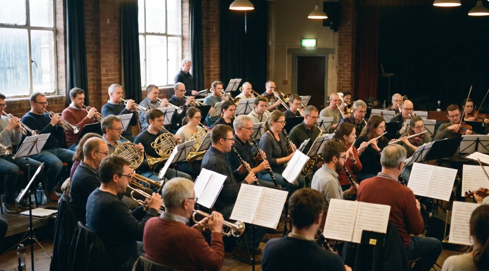 Blasorchester in der Probe, von hinten fotografiert — Musikerinnen und Musiker mit Blasinstrumenten spielen gemeinsam (KI-generiertes Bild)