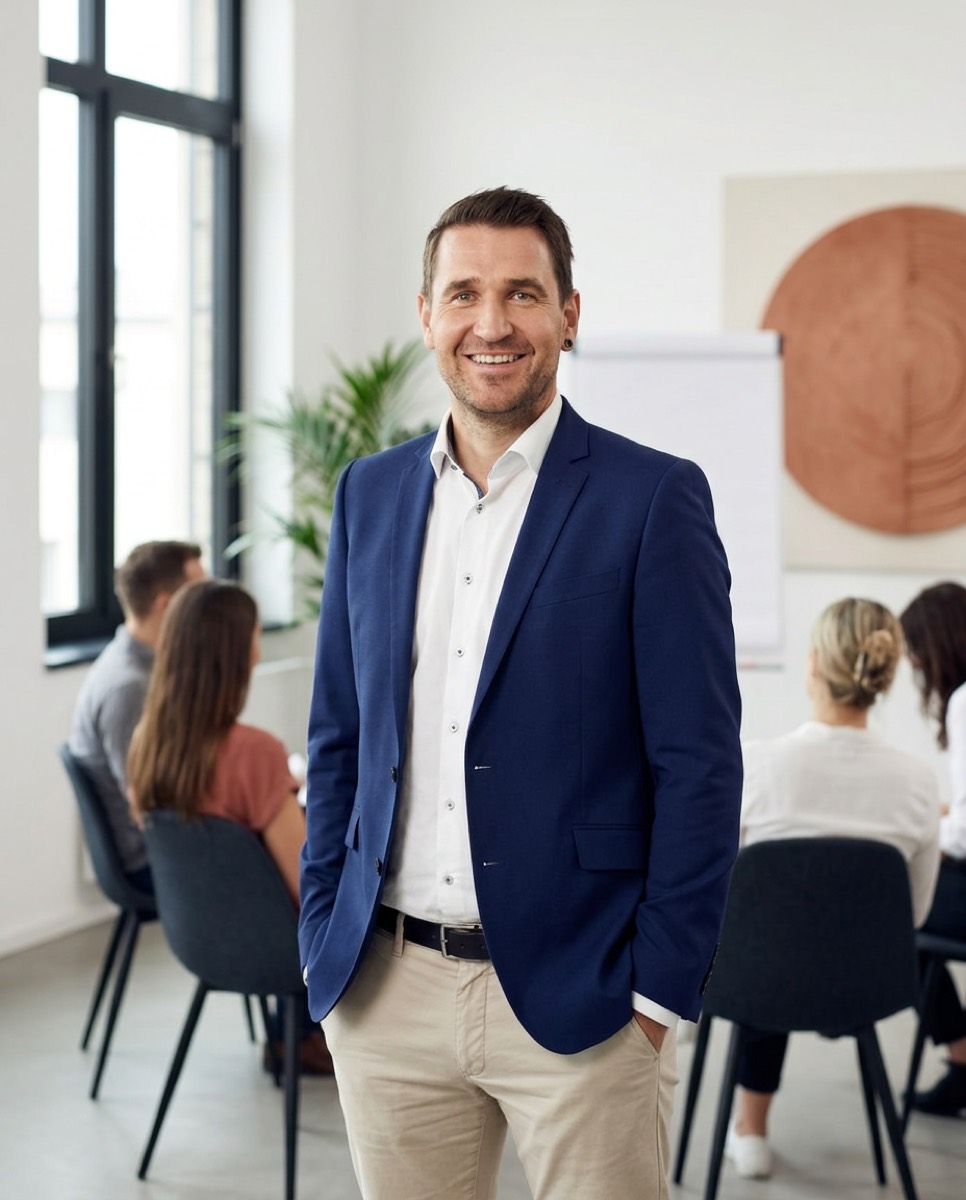 Matthias May als Leadership-Trainer im Gespräch mit einer Gruppe in einem hellen Workshop-Raum (KI-generiertes Bild)