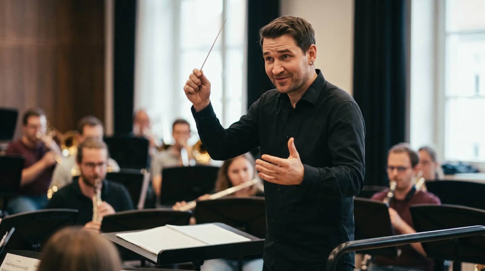 Matthias May dirigiert ein Blasorchester in der Probe, mit erhobenem Taktstock und offener, erwartungsvoller Geste (KI-generiertes Bild)