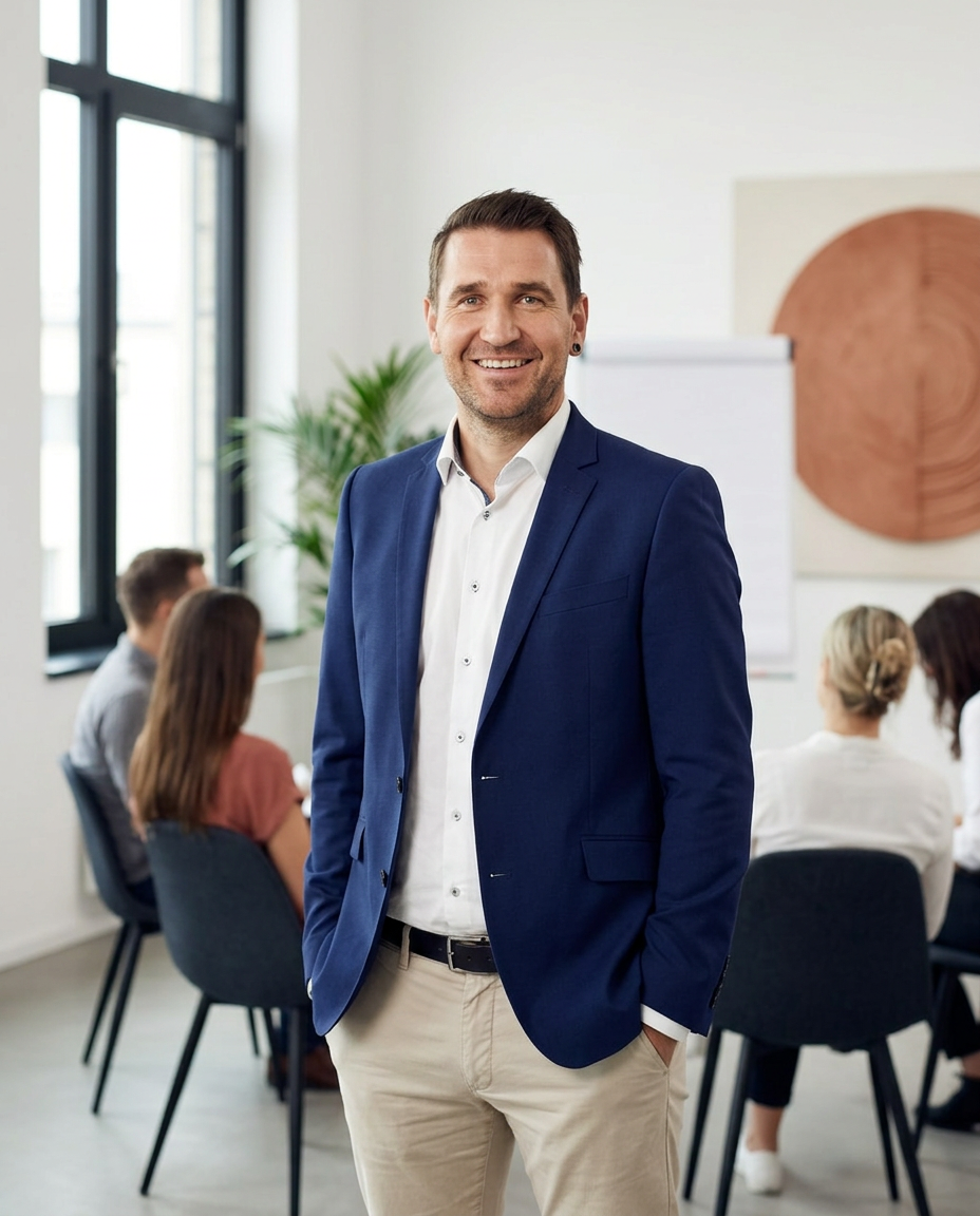 Matthias May als Leadership-Trainer im Gespräch mit einer Gruppe in einem hellen Workshop-Raum